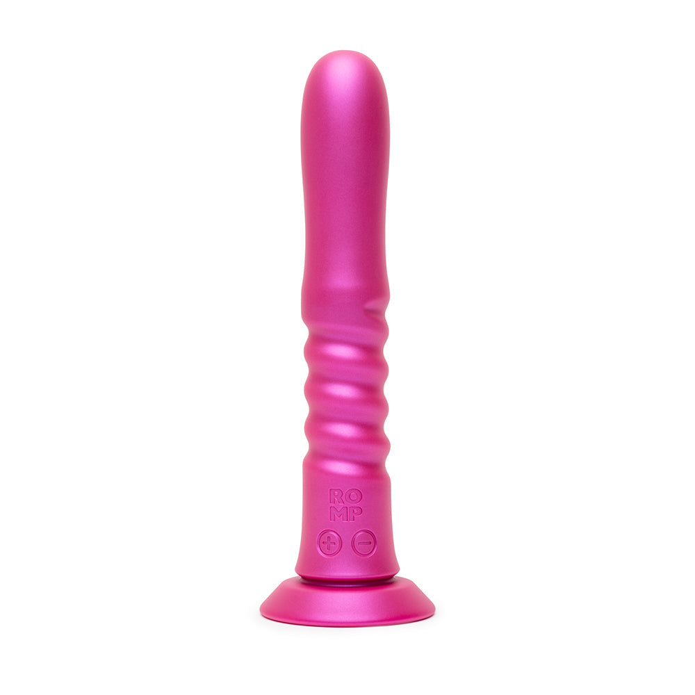 Romp Jiggle Thrusting Vibrator Pink displayed with a sleek, ergonomic design featuring a powerful suction cup base.