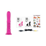 Romp Jiggle Thrusting Vibrator Pink with USB charger, instruction cards, and stickers displayed