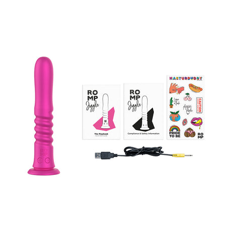 Romp Jiggle Thrusting Vibrator Pink with USB charger, instruction cards, and stickers displayed