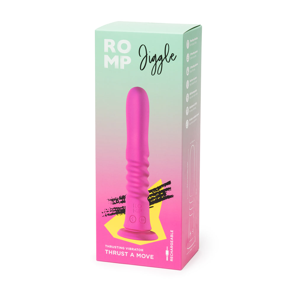 Romp Jiggle Thrusting Vibrator Pink in packaging showcasing its sleek design and advanced thrusting technology.