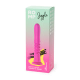 Romp Jiggle Thrusting Vibrator Pink in packaging showcasing its sleek design and advanced thrusting technology.