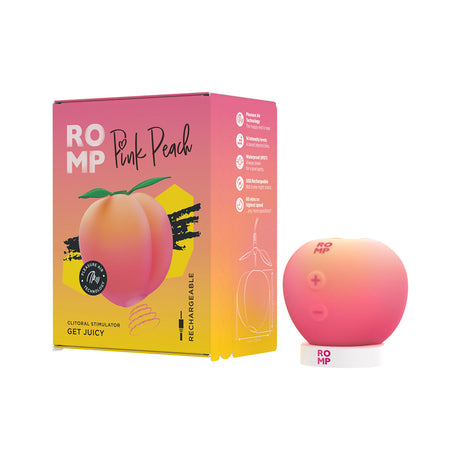 Romp Pink Peach Air Suction Clitoral Stimulator with playful peach packaging and ergonomic design for external pleasure.