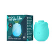 Romp Glow Air Suction Rose Massager packaging featuring a teal rose design and description for clitoral stimulation.
