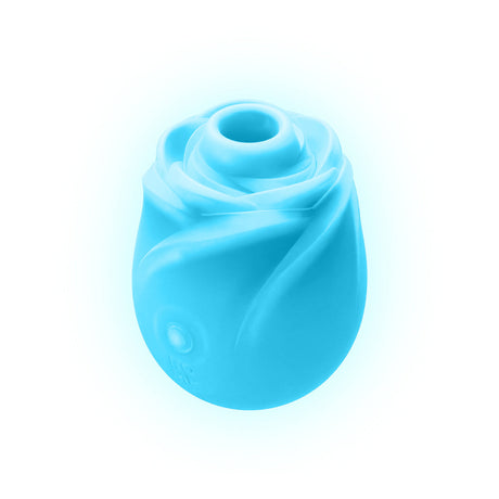 Romp Glow Air Suction Rose Massager in blue silicone, beautifully designed for customizable external stimulation.