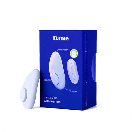 Dame Lay Panty Vibrator With Remote Control product packaging and vibrator side view.