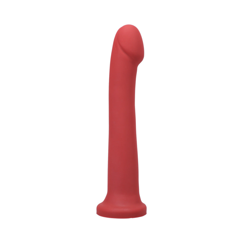 Tantus Hook 9.25 Inches Dildo Ruby, a smooth silicone dildo with a curved profile and rounded head.