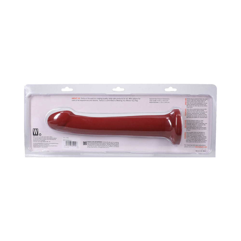 Tantus Hook 9.25 Inches Dildo Ruby in packaging showcasing its curved profile and premium silicone design.