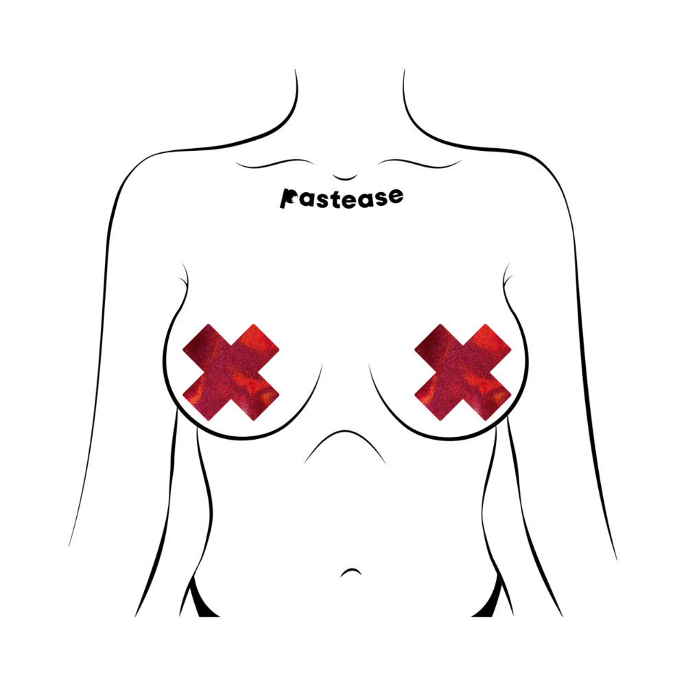 Pastease Everyday Reusable Liquid Red Cross Nipple Pasties displayed on a minimalist torso illustration.
