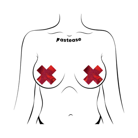 Pastease Everyday Reusable Liquid Red Cross Nipple Pasties displayed on a minimalist torso illustration.