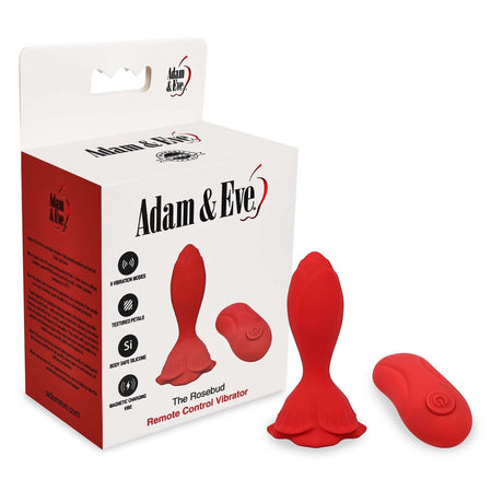 Adam & Eve The Rosebud Remote Control Vibrator Plug packaging with product and remote, designed for anal pleasure.