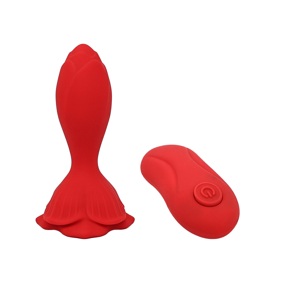 Adam & Eve The Rosebud Remote Control Vibrator Plug in bold red with remote for hands-free anal pleasure.