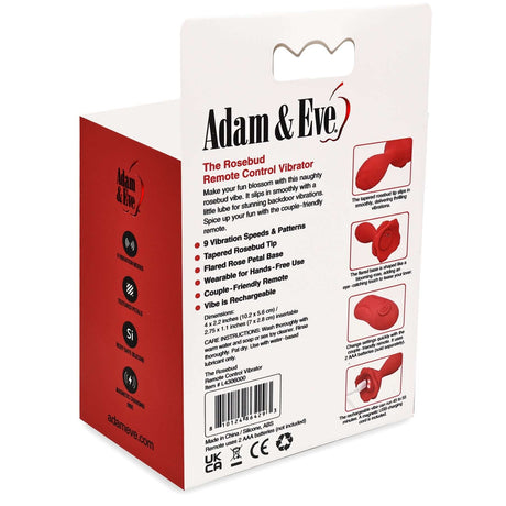 Packaging of Adam & Eve The Rosebud Remote Control Vibrator Plug featuring product details and features.