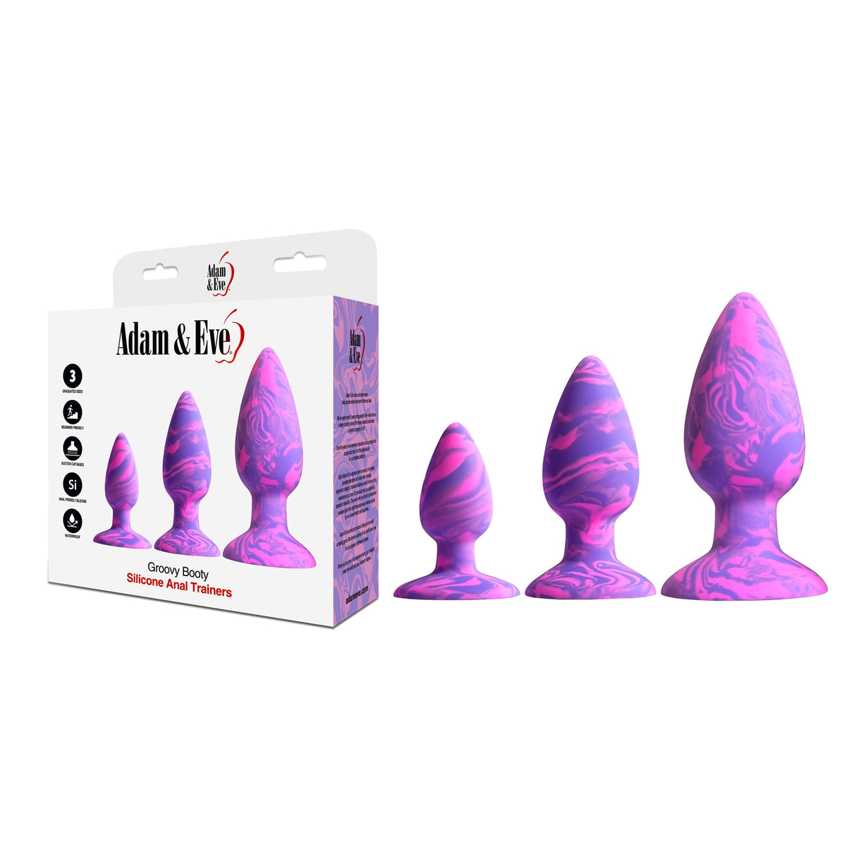 Adam & Eve Groovy Booty Silicone Anal Trainer Set featuring three progressively sized trainers in a colorful box packaging.