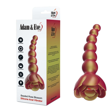 Adam & Eve Beaded Rose Blossom Silicone Anal Vibrator packaging and product display with colorful design.