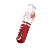 Adam & Eve Pleasure Pro 3000 Rotating & Thrusting Vibro Stroker in red with textured sleeve for enhanced pleasure.