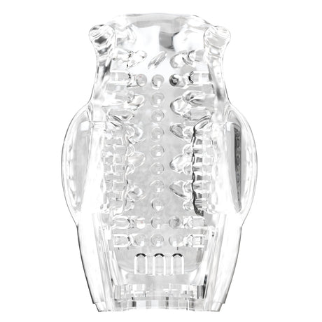 Adam & Eve Pleasure Pro 3000 Rotating & Thrusting Vibro Stroker with a textured clear sleeve.