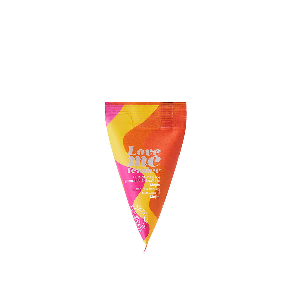 Love To Love Love Me Tender Heating Massage Oil Mojito in vibrant packaging for sensual massages.