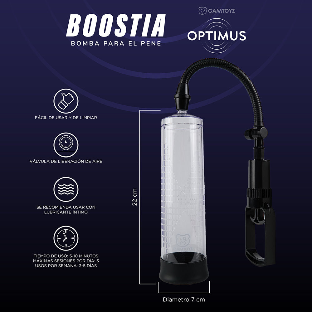 Camtoyz Penis Pump Boostia features easy-to-clean design, air release valve, and recommended use with lubricant for optimal results.