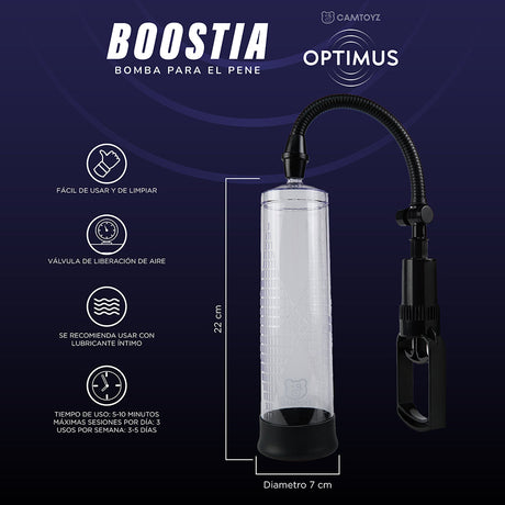 Camtoyz Penis Pump Boostia features easy-to-clean design, air release valve, and recommended use with lubricant for optimal results.