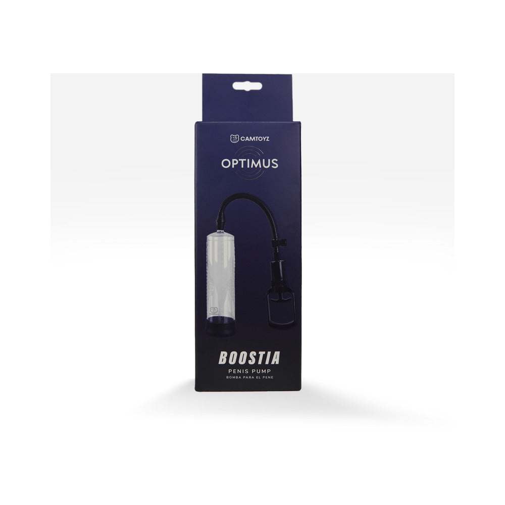 Camtoyz Penis Pump Boostia packaging from the Optimus collection, showcasing the manual vacuum pump design.