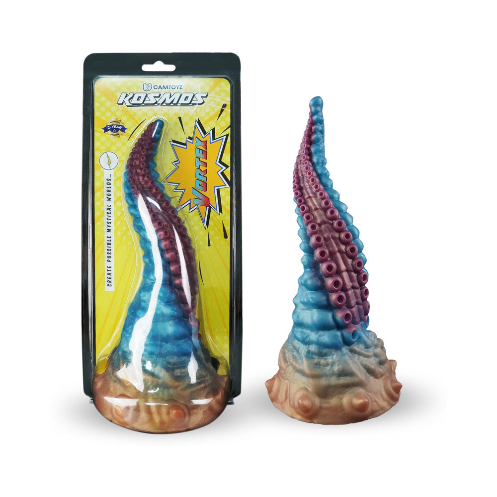 Camtoyz Fantasy Dildo Vortex featuring vibrant colors and unique design, encased in packaging.