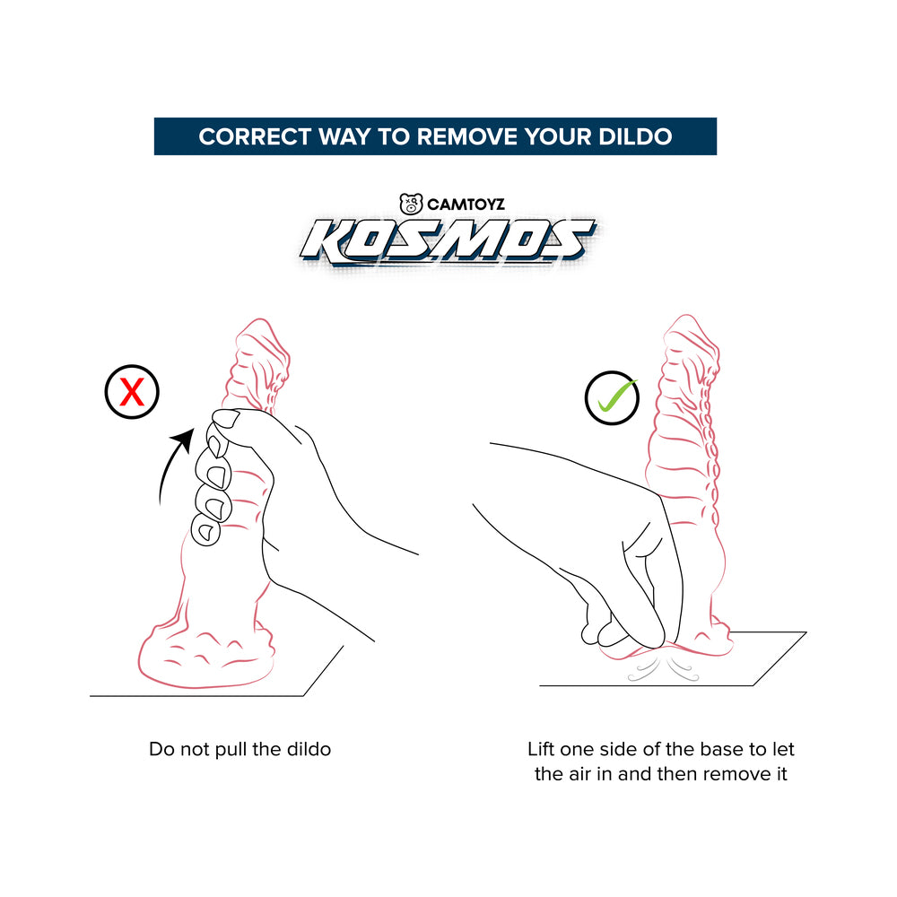 Illustration showing correct way to remove your Camtoyz Fantasy Dildo Vortex from the base in the Kosmos Collection.