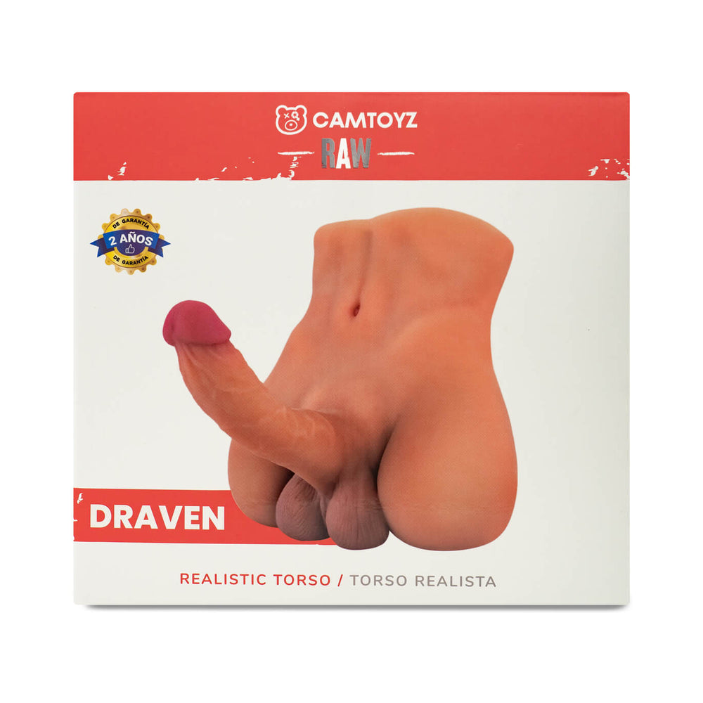Camtoyz Raw Realistic Torso Draven packaging featuring a lifelike torso design and poseable dildo.
