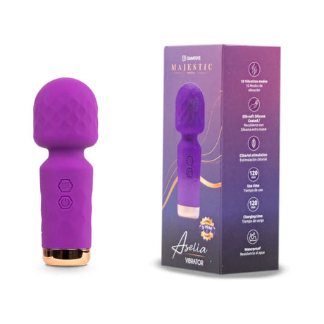Camtoyz Majestic Aselia Mini Wand Vibrator in purple with packaging, showcasing its ergonomic design and soft-touch silicone.