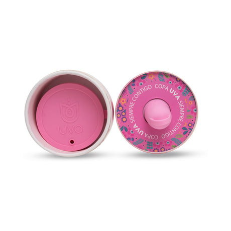 Uva Cup 0 Menstrual Cup Set inside a floral patterned container showcasing its eco-friendly design.