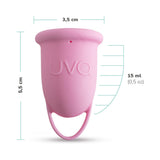 Uva Cup 0 Menstrual Cup Set with dimensions 3.5 cm width and 5.5 cm height, made of pink medical-grade silicone.