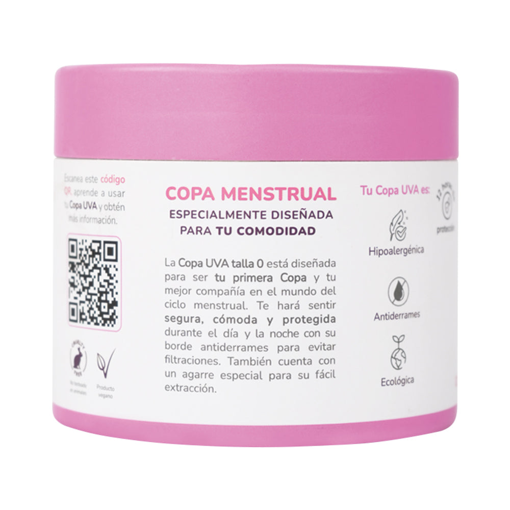 Uva Cup 0 Menstrual Cup Set packaging showcasing eco-friendly menstrual product features and specifications.