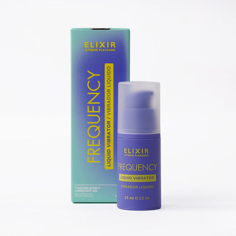 Elixir Frequency Liquid Vibrator 0.5 Oz in packaging showcasing the innovative intimate arousal gel for enhanced sensitivity.
