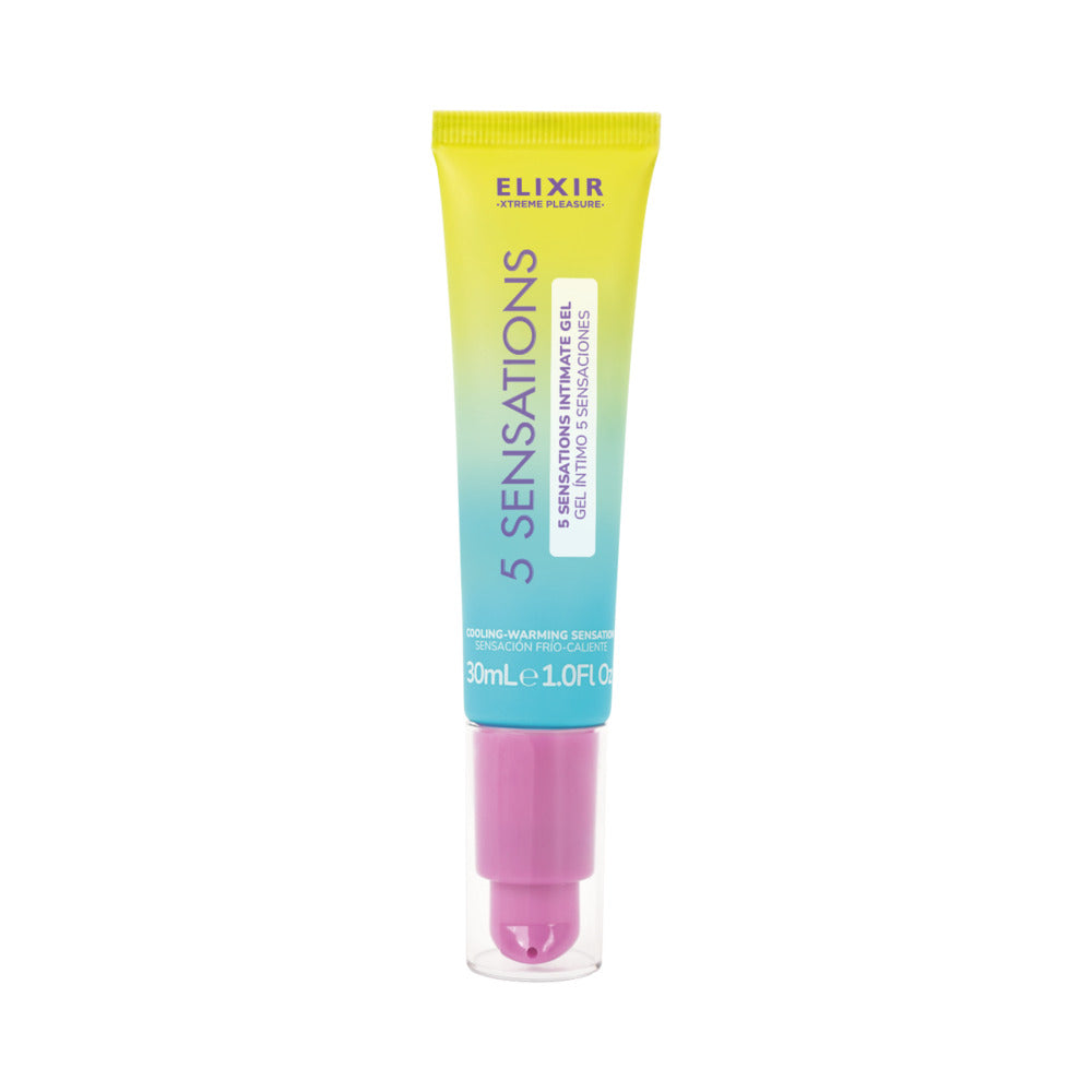 Elixir 5 Sensations Intimate Gel 1 Oz packaging showing vibrant design and easy application for enhanced intimacy.