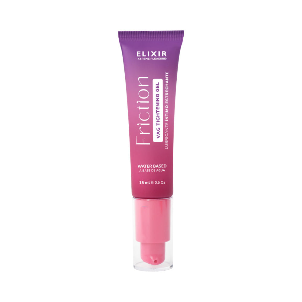 Elixir Friction Tightening Intimate Gel 1 Oz packaging with water-based formula for enhanced intimate comfort.