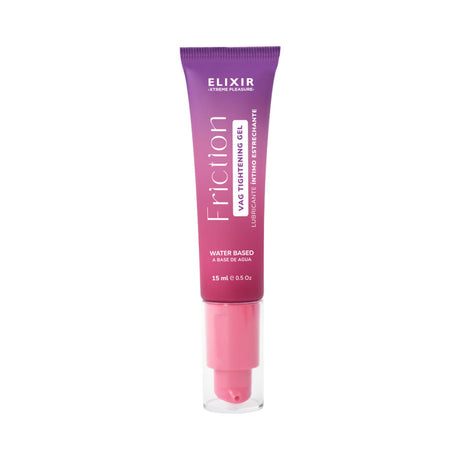 Elixir Friction Tightening Intimate Gel 1 Oz packaging with water-based formula for enhanced intimate comfort.