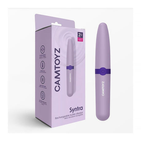 Camtoyz Syntra Rechargeable Bullet Vibrator in sleek packaging with product on display.