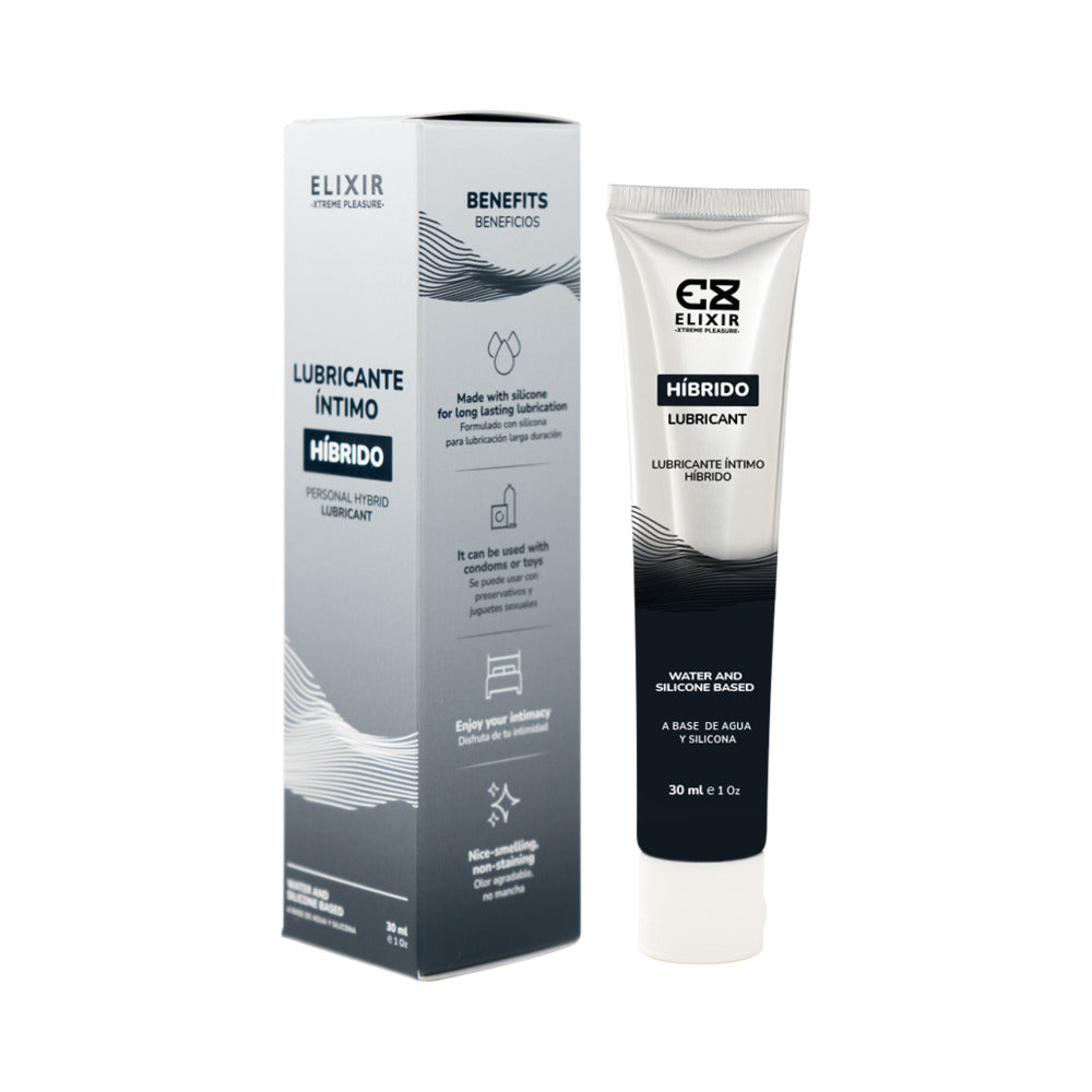 Elixir Personal Hybrid Lubricant 30 ml packaging and tube, hybrid water and silicone-based lubricant.