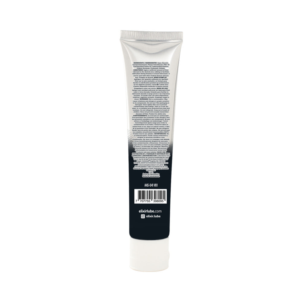 Elixir Personal Hybrid Lubricant 30 ml tube back view with ingredients and usage details.