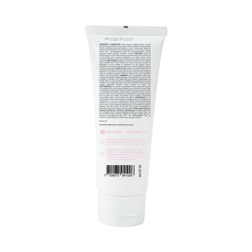 Elixir Lubricant Sensitive Skin 3.4 Oz tube back view with ingredient details and barcode.
