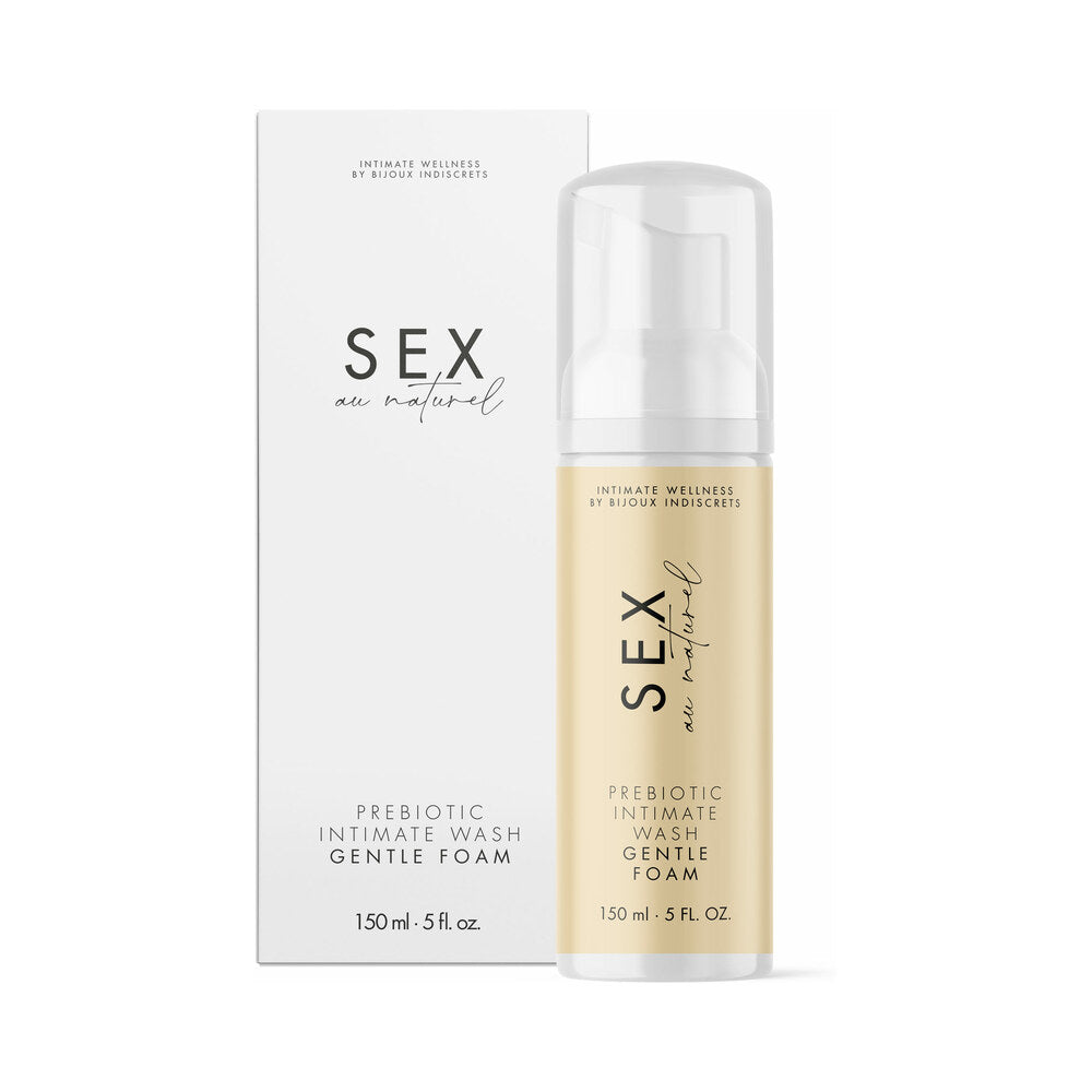 Sex Au Naturel Prebiotic Intimate Wash Gentle Foam packaging and bottle displayed, highlighting gentle cleansing and intimate wellness.
