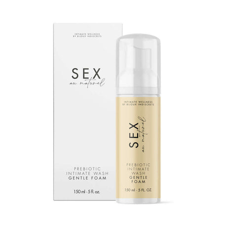 Sex Au Naturel Prebiotic Intimate Wash Gentle Foam packaging and bottle displayed, highlighting gentle cleansing and intimate wellness.