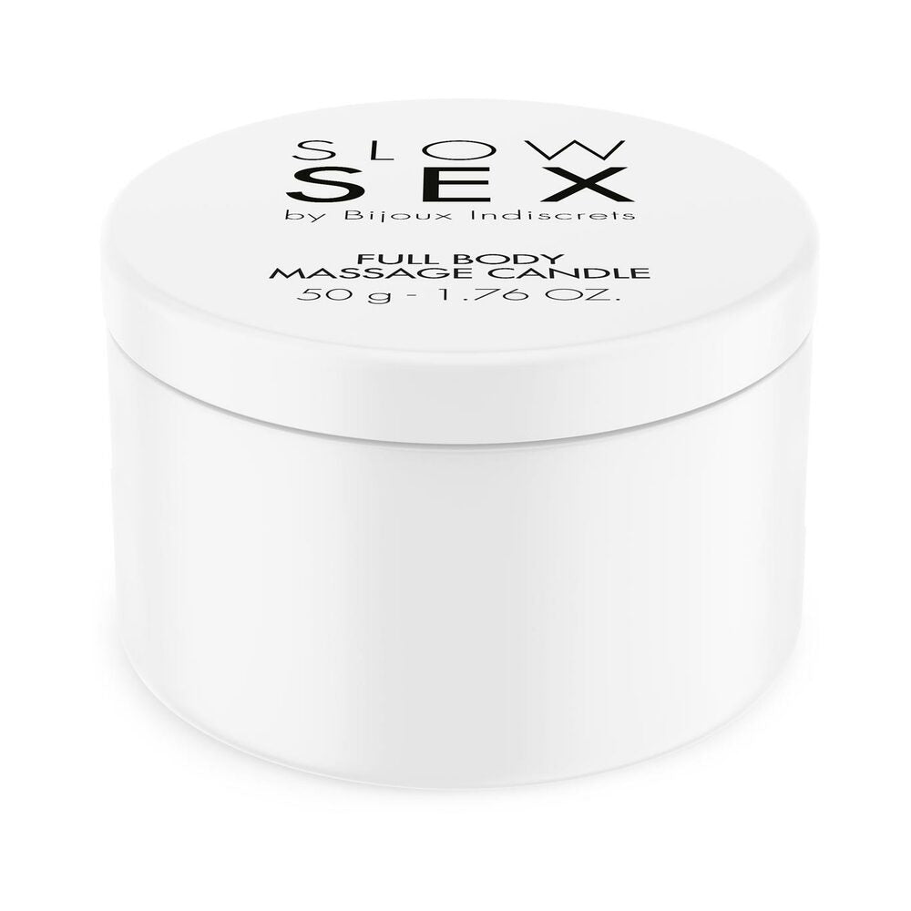 Bijoux Indiscrets Slow Sex Massage Candle in a white jar for sensual and indulgent massages.