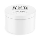 Bijoux Indiscrets Slow Sex Massage Candle in a white jar for sensual and indulgent massages.