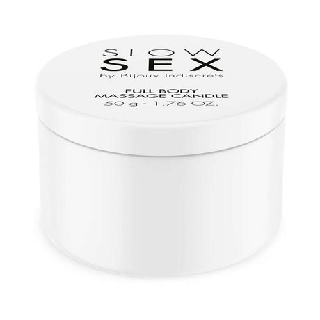 Bijoux Indiscrets Slow Sex Massage Candle in a white jar for sensual and indulgent massages.