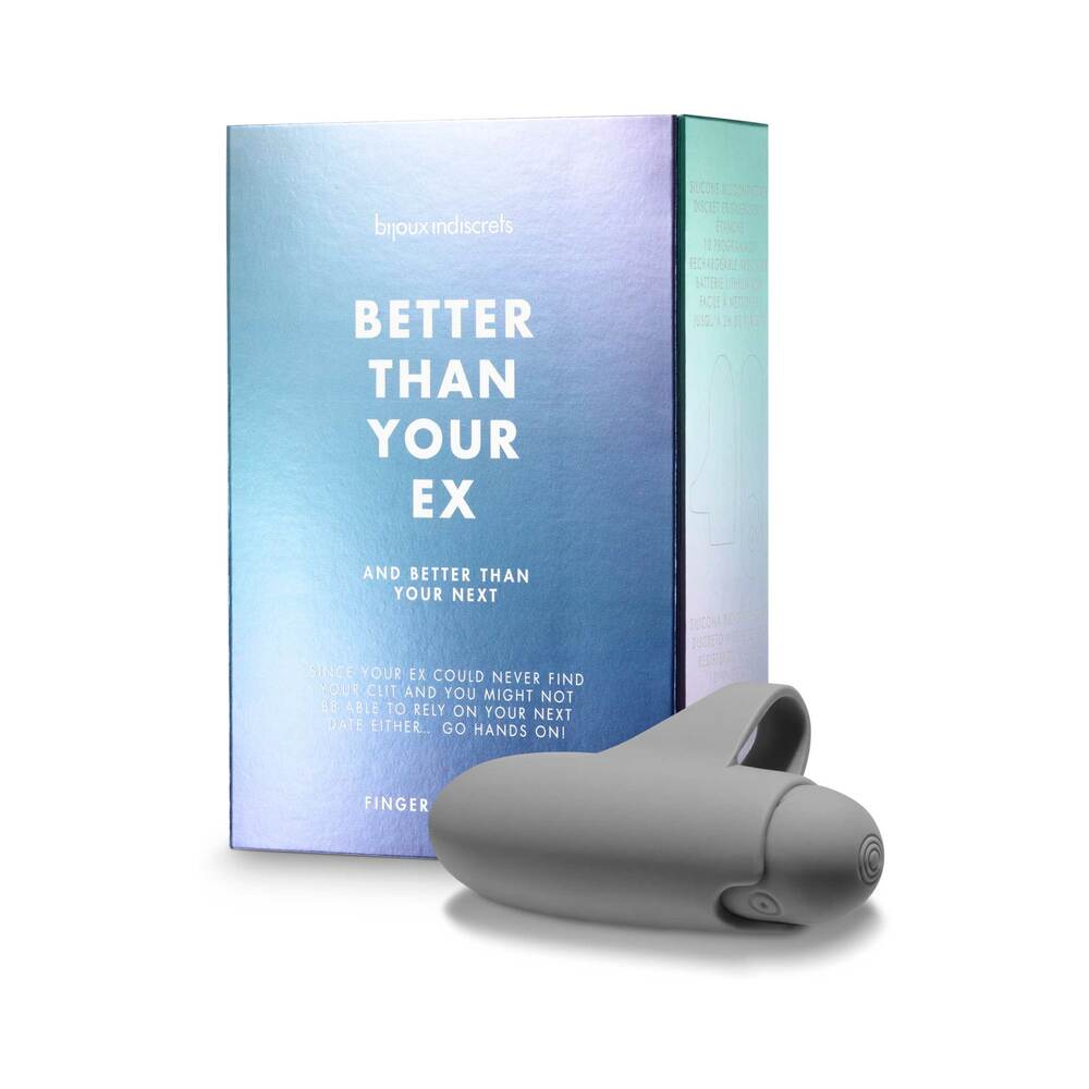 Clitherapy Better Than Your Ex Rechargeable Finger Vibrator next to its packaging, highlighting hands-on pleasure.