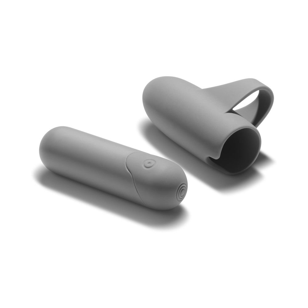 Clitherapy Better Than Your Ex Rechargeable Finger Vibrator shown in grey silicone design for clitoral stimulation.