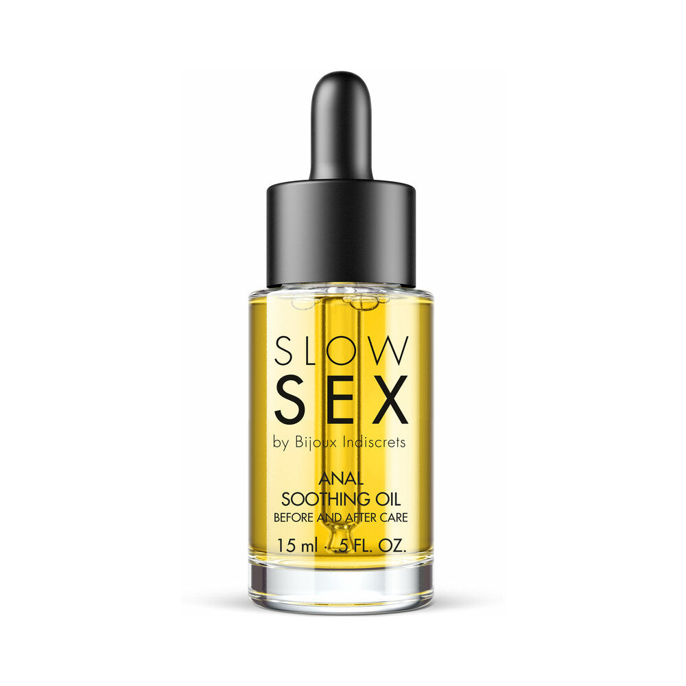 Slow Sex Anal Soothing Oil Before And After Care bottle with dropper for intimate skincare.