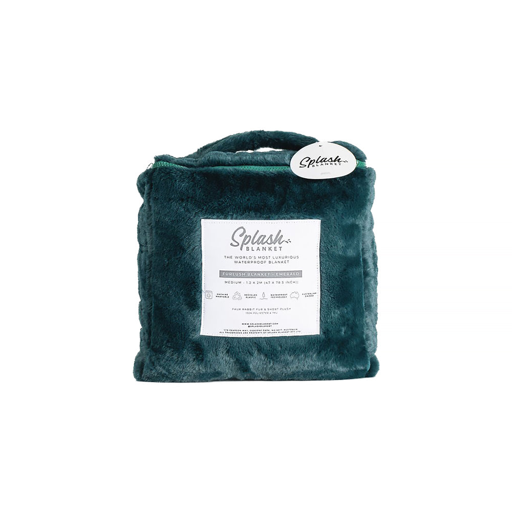 Splash Blanket Furlush Medium Waterproof Throw Emerald Green packaged for easy transport and storage.