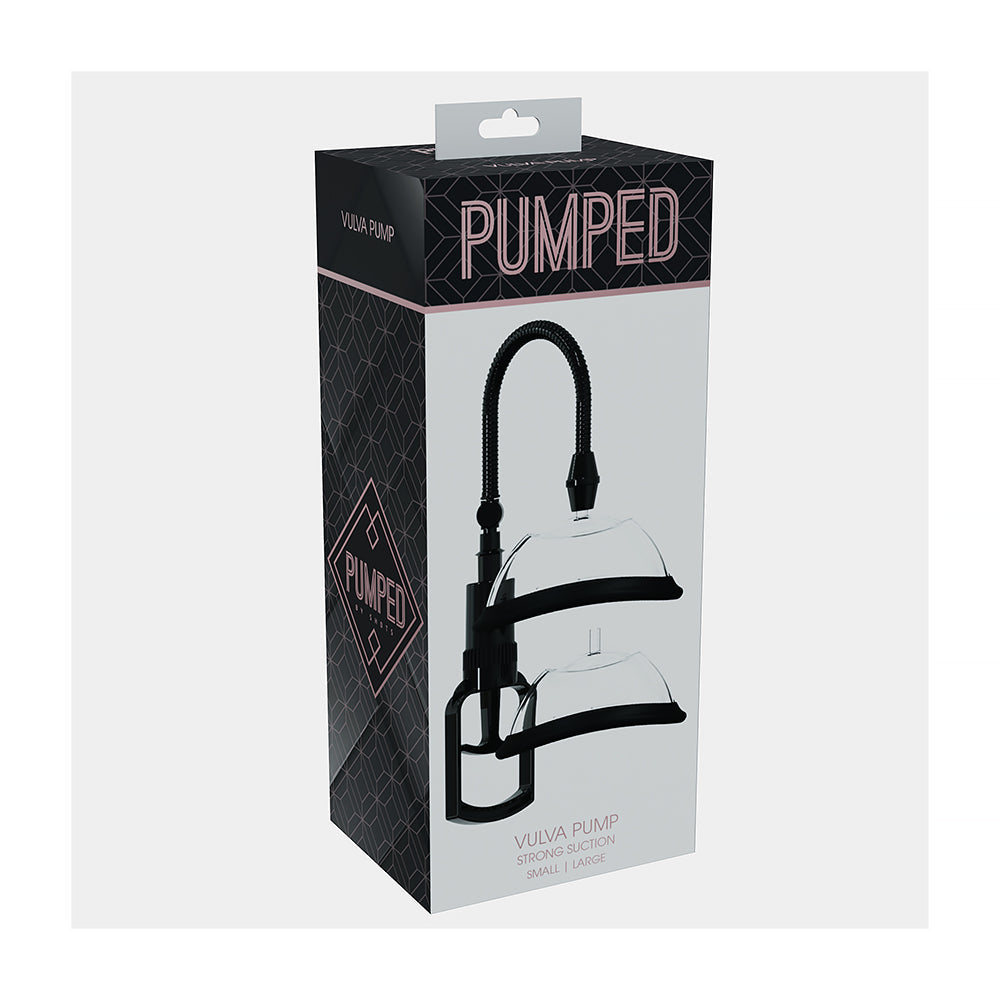 Pumped Manual Vulva Pump Black packaging showcasing adjustable vacuum suction and interchangeable vulva cups.