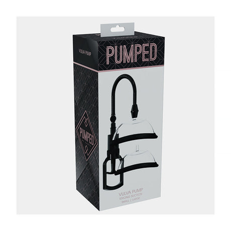 Pumped Manual Vulva Pump Black packaging showcasing adjustable vacuum suction and interchangeable vulva cups.